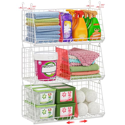 23.62” Extra-Long Under-Shelf Hanging Laundry Basket Organizer, 3-Pack Space-Saving Laundry Organizer, Fits Wire Shelving (Rod Diameter < 0.38”), Modular with Dividers for Custom Laundry Organization - color: White, size: 3-Pack-extra-long-11.37"D x 23.67