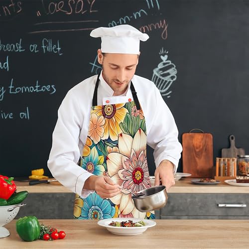 Cooking Aprons for Men and Women,Adjustable Bib Chef Apron with 2 Pockets, Soft and Durability Kitchen Apron - color: Flower Cute Mandala Floral