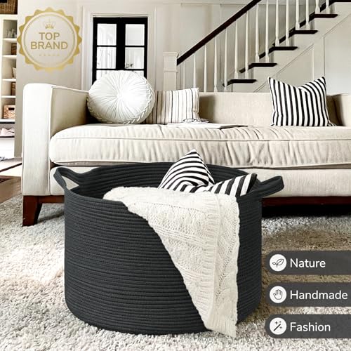 INDRESSME XXXLarge Woven Rope Blanket Basket Living Room Black, 90L - color: Black, size: 21.7"D x 13.8"H