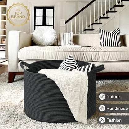 INDRESSME XXXLarge Woven Rope Blanket Basket Living Room Black, 90L - color: Black, size: 21.7"D x 13.8"H