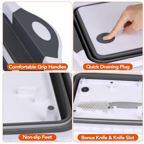 QiMH Collapsible BBQ Prep Tub, Picnic Basket with Lid Foldable Dish Basin, Washing and Draining Veggies Fruits, Food Grade Portable Cutting Board for Camping, Traveling, and Kitchen - color: Gray