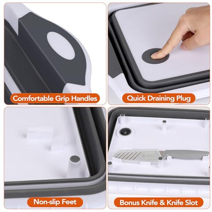 QiMH Collapsible BBQ Prep Tub, Picnic Basket with Lid Foldable Dish Basin, Washing and Draining Veggies Fruits, Food Grade Portable Cutting Board for Camping, Traveling, and Kitchen - color: Gray