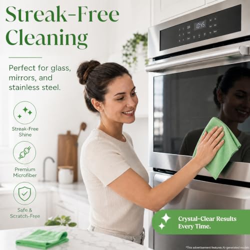 Microfiber Cleaning Cloths, Ultra-Soft and Highly Absorbent, Streak-Free, Lint-Free, Scratch-Free, Washable, for Car Detailing and Glass Cleaning,12" x 12", Green/Blue/Pink, 12-Pack