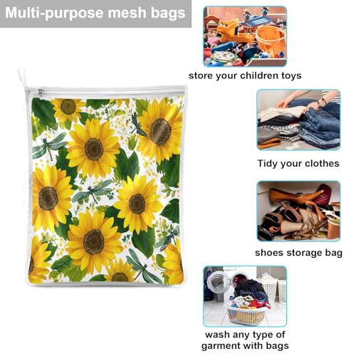 Mesh Laundry Bags Lingerie Bags for Washing Delicates 2 PCS Durable Wash Bag with Zipper Small and Medium Washable Cute Yellow Sunflowers and Dragonflies - color: Cute Yellow Sunflowers and Dragonflies