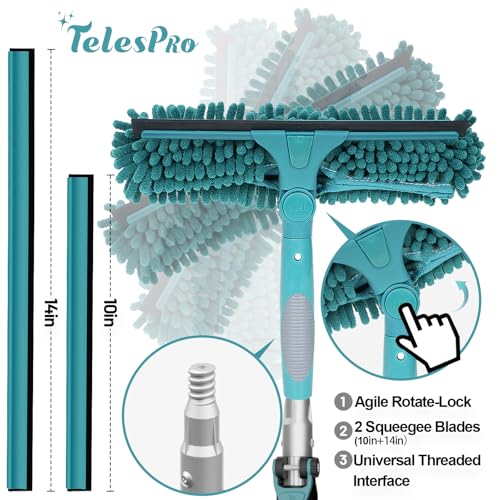TelesPro 20 Feet High Reach Window Squeegee with 5-12Ft Extension Pole, Window Cleaner Tool with 3-Stage Telescoping Pole, Window Cleaning Kit with Rotatable Head (2 Squeegee & 2 Microfibre Cloths) - size: 12 FT