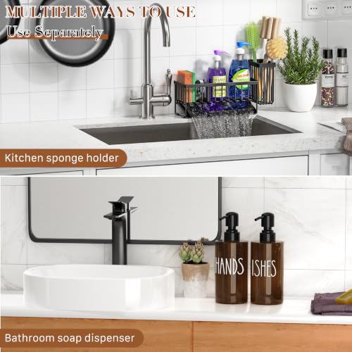 MASADI Kitchen Dish Soap Dispenser Set with Sponge Holder, 12OZ Glass Bottle, Hand and Dish Soap Dispenser Set, Non-Slip Silicone Pad, Brush Holder, Kitchen Sink Organizer Countertop (Black+Amber) - color: Black+amber
