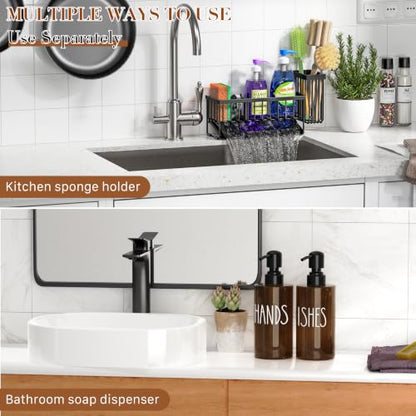 MASADI Kitchen Dish Soap Dispenser Set with Sponge Holder, 12OZ Glass Bottle, Hand and Dish Soap Dispenser Set, Non-Slip Silicone Pad, Brush Holder, Kitchen Sink Organizer Countertop (Black+Amber) - color: Black+amber