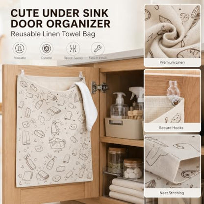 Cute Under Sink Door Organizer Reusable Linen Towel Bag Dish Rag Holder Wet Towel Hamper Cleaning Rag Storage for Kitchen Bathroom Cabinet Countertop Laundry