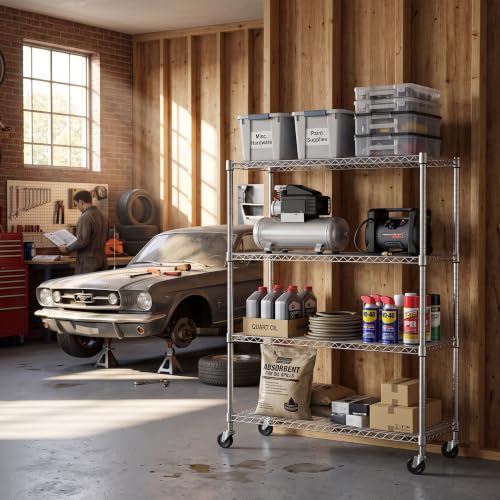 IZEUK Heavy Duty Rolling Utility Racks, 4-Tier Metal Wire Shelving Unit - color: Chrome, size: 4 Tier, 17.7" D*47.2" W*59.4" H