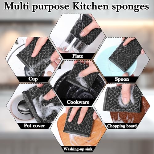 6 Pack Steel Wool Scrubber Sponge Scouring Pad Kitchen Metal Sponge,Black - color: Black, Diamond Pattern
