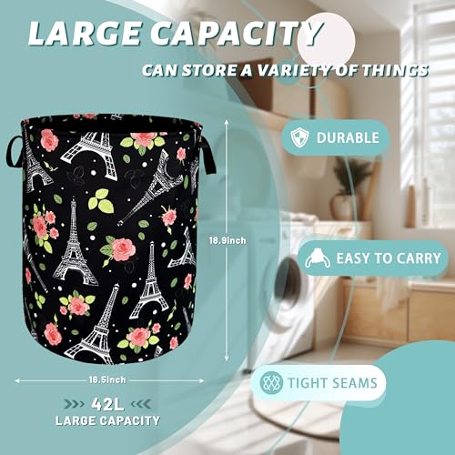 Retro Eiffel Tower Laundry Basket Oxford Cloth Foldable Hamper 18.9x16.5 In - color: Eiffel Tower and Rose Flowers