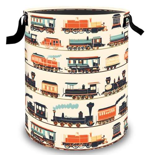 Vintage Train Laundry Basket Hamper, Organizer Bins Gifts for Women Kids, Retro Locomotive Steam Foldable Waterproof Clothes Hamper Handles Storage Bucket for Bedroom Bathroom Room Decor 19.7"x15.7" - color: Train
