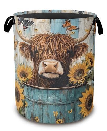 Large Laundry Basket,Highland Cow Collapsible Laundry Baskets,Sunflower Butterfly Waterproof Oxford Hamper with Handles for Bathroom Bedroom Nursery Home Storage 16"x20" - color: Highland Cow,Sunflower Butterfly,Blue Wooden