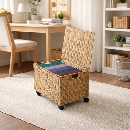 Casafield Rolling Filing Cabinet, Natural - Water Hyacinth File Organizer with Lid and Locking Wheels, Home Office Storage for Hanging Folders - color: Natural