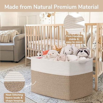 Goodpick 105L Extra Large Woven Rope Blanket Basket, White & Light Brown - color: White & Light Brown, size: XX-Large(25"L x 16"W x 16"H)