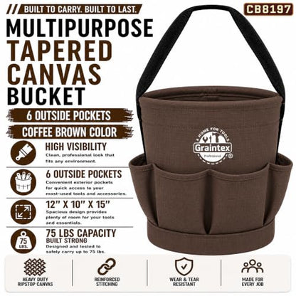 Graintex Tapered Canvas Bucket 12"x10"x15", Utility Tool Bucket 6 Pockets Outside, Reinforced Base & Carry Handle, Ripstop Canvas, Multi-Purpose Bag for Jobsite & Home Use - Coffee Brown - color: Coffee Brown