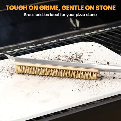 21'' Pizza Brush with Stainless Steel Stone Scraper - Brass Bristles - Wood Handle - Hanging Ring - Outdoor Pizza Oven Accessory - Compatible with Ooni, Gozney, Blackstone, Solo Stove Ovens - size: 21 Inch