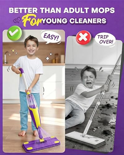 Kids Spray Mop, Fun & Functional Toddler Mop Cleaning Set,Real Working Mini Mop, Pretend Play Toy –Includes Spray Bottle,Washable Microfiber Pads, Montessori Kids Cleaning Toy Set