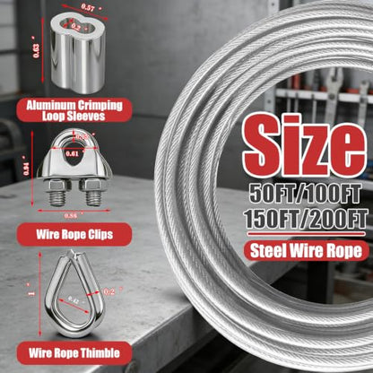 NAZOU 3/16 Inch Coated Steel Wire Rope, Hanging String Lights, Clotheslines - color: Silver, size: 200FT