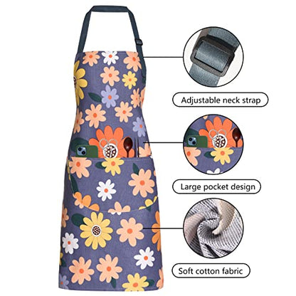 2 Pack Floral Apron for Women with Pockets, Adjustable Cotton Chef Aprons for Kitchen, Cooking, BBQ & Grill - color: Blue/Flowers
