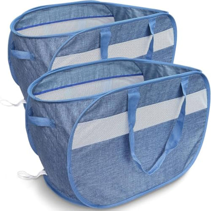 100L Mesh Pop Up Laundry Hampers with Handles, Extra Large Collapsible Laundry Baskets 2 Pack, Portable Travel Laundry Basket, Dirty Clothes Hamper Light Breathable, Bule. 2H - color: Green & Green