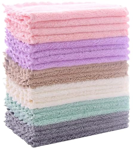 24 Pack Kitchen Dishcloths - Does Not Shed Fluff - Reusable Dish Towels, Dish cloths, Super Absorbent Coral Fleece Cleaning Cloths, Nonstick Oil Washable Fast Drying, 7 x 9 Inch (Multicolor) - color: Multicolor, size: 7 x 9 Inch