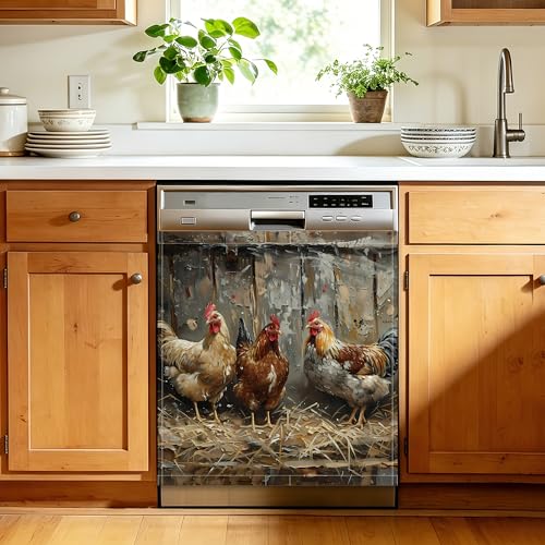 Rooster Farmyard Dishwasher Magnet Cover, 23 x 26 Inch Magnetic Front Panel for Dishwasher, Reusable Trimmable Kitchen Decor for Refrigerator Door - color: Rooster Farmyard