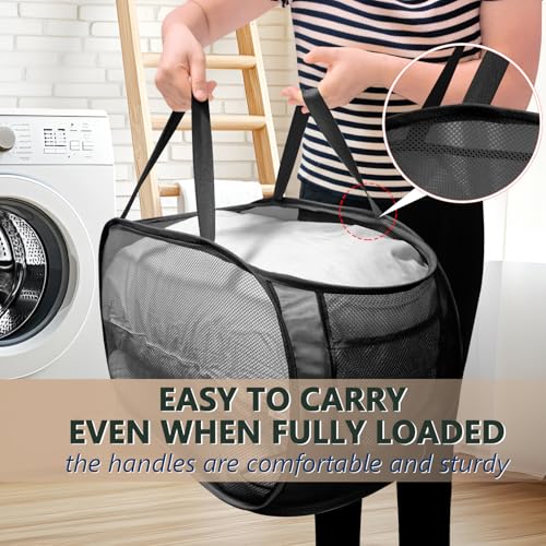 Collapsible Laundry Hamper Basket,Pop Up Mesh Foldable Bag for Laundry Room - color: Black