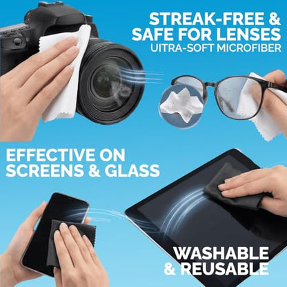Microfiber Cleaning Cloths 6 Pack – 6x7 Inch Lint‑Free Lens & Screen Cleaner – Eyeglass Camera Phone Tablet TV Cloth – Reusable Scratch‑Free Streak‑Free – 3 Dark Grey & 3 White Individually Wrapped