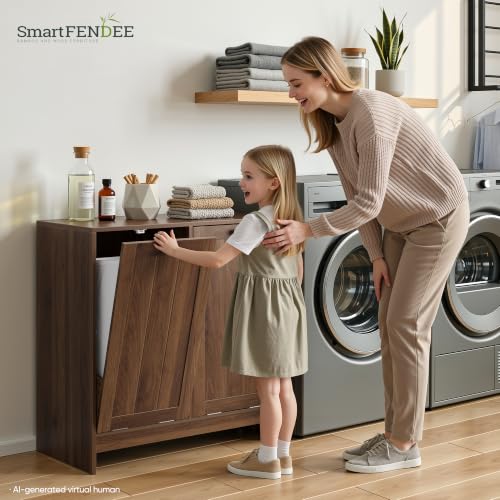 Smart FENDEE Double Tilt Out Laundry Hamper Cabinet, 11.8 Gallon Hidden Trash Cabinets with 2 Baskets for Kitchen, Freestanding Small Bathroom Storage Cabinet Unit, Walnut - color: Walnut