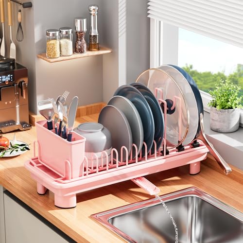 Small Dish Drying Rack, Stainless Steel with Drain Board & Utensil Holder - color: Pink