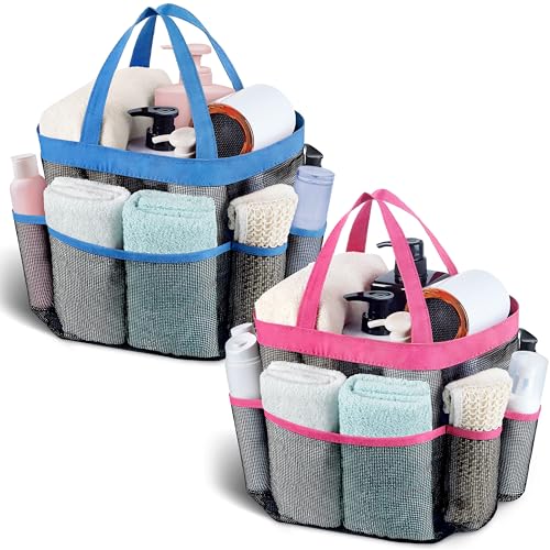 Mesh Shower Caddy Portable - 9 Pockets, Shower Bag for Dorm Room Camping - color: Blue Rose