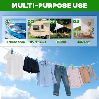 2 Pack Magnetic Retractable Clothes Line for Cabin - Approved 2026 Cruise Essentials Clothes Drying Rack Travel Clothesline with Clothespins - Strong Magnets Hooks RV and Camping