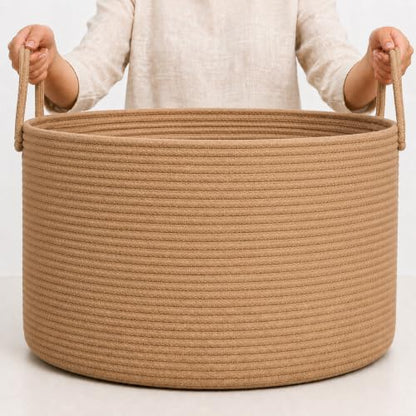OrganiHaus Round Toy Basket & Blanket Basket, Cotton Rope 20x13" - color: Full Honey, size: Wide