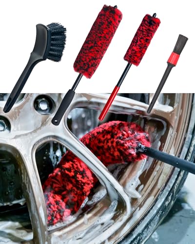 oesee Professional 4 Pack Long Handle Wheel Brush Kit for Cleaning Wheel and Tire- 2X Soft Wheel Cleaning Brush, Detailing Brush and Stiff Tire Brush, Bendable& Durable Wheel Rim Cleaner Brush Set - size: 4 Pack (Red & Black)