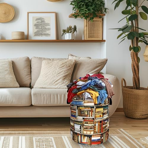 Retro Bookshelf Laundry Basket Oxford Cloth Hamper 18.9"x16.5" - color: Vintage Bookshelf Wooden Pattern