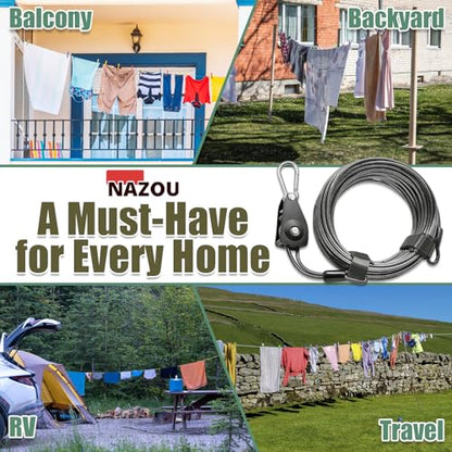 NAZOU Outdoor Retractable Clothesline, 3/16" Coated Steel Wire Rope - size: 34ft+5ft