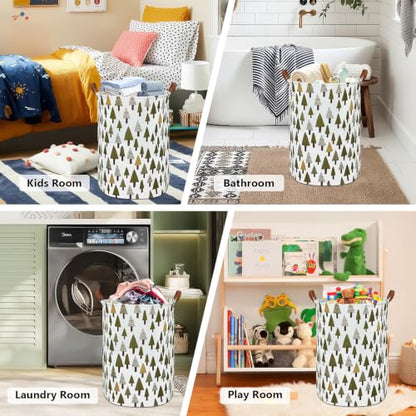 Foldable Waterproof Round Fabric Laundry Basket Home, Green forest - color: Round-Green forest