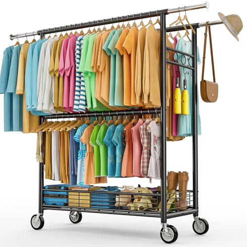 Heavy Duty Clothes Rack Load 960LBS, Three Rods Rolling Clothing Racks for Hanging Clothes, Rolling Garment Rack With Sturdy Wheels Shelves Hooks, Portable & Adjustable Commercial Garment Rack, Black - color: Black, size: 20.0" x 60.6" x 69.0"(3 Rods)