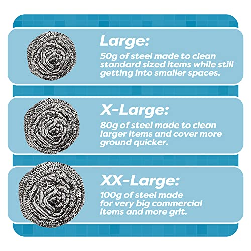 12 Pack Stainless Steel Scourers by Scrub It – Steel Wool Scrubber Pad Used for Dishes, Pots, Pans, and Ovens. Easy scouring for Tough Kitchen Cleaning. (Large (50 gram)) - size: Large (50 gram)