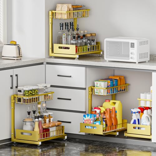 Saydear 2-Pack L-Shaped Under Sink Organizer, 2-Tier Pull-out Cabinet Rack - color: Gold V2.0, size: 2 Pack