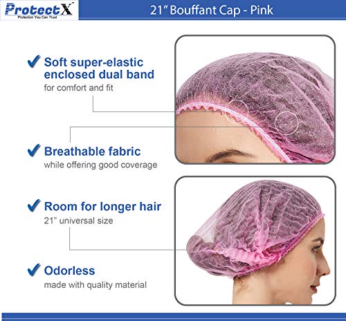 ProtectX 500-Pack Pink Disposable Hair Nets, Elastic Head Cover, Bouffant Caps, Sanitation Head Cover for Food Service, Spa Men & Women - 21 inch - size: Pink 500 Pack