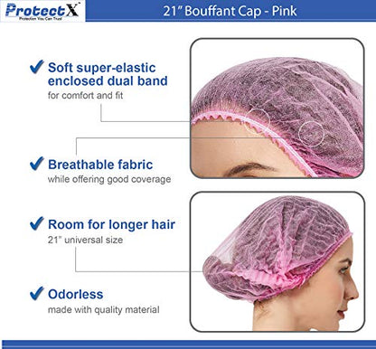 ProtectX 500-Pack Pink Disposable Hair Nets, Elastic Head Cover, Bouffant Caps, Sanitation Head Cover for Food Service, Spa Men & Women - 21 inch - size: Pink 500 Pack