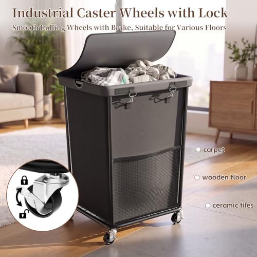 Laundry Hamper with Wheels and Lid, 150L Large Rolling Laundry Basket Gray - color: Grey, size: 150L