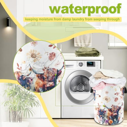 Highland Cow Floral Laundry Basket Foldable Waterproof 18.9 x 16.5 Inch - color: Beautiful Highland Cow