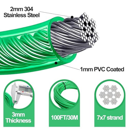 Elsjoy 100FT Cable Wire Turnbuckle Kit, 1/8" Green PVC Coated Wire Rope M5 Turnbuckle Tensioner Kit, Stainless Steel Outdoor Hanging Cable for Grape Vine, Clothes Line, Garden