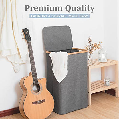 LONBET Laundry Basket with Lid, Made from Breathable Fabric | Aesthetic Clothes Hampers for Laundry with Side Handles & Sturdy Bamboo Frame (26 Gallons - Single, Gray) - color: Gray, style: 26 Gallons - Single