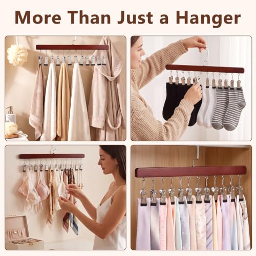 2 Pack Hanging Closet Organizer with 12 Clip, Wooden Pants and Leggings Hangers with 360° Rotating Hook, Space-Saving Vertical Rack for Jeans, Skirts, Scarves and Socks