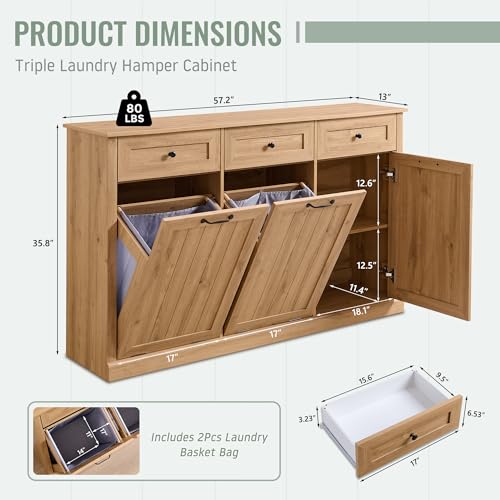 IFBUY Triple Tilt Out Laundry Hamper Cabinet, 20 Gallon Farmhouse Trash Can Cabinet w/Drawer & Adjustable Shelf, Hidden Garbage Can Bin Cabinets w/Laundry Basket for Bathroom, Kitchen (Natural) - color: Natural, size: Triple
