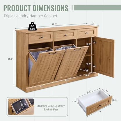 IFBUY Triple Tilt Out Laundry Hamper Cabinet, 20 Gallon Farmhouse Trash Can Cabinet w/Drawer & Adjustable Shelf, Hidden Garbage Can Bin Cabinets w/Laundry Basket for Bathroom, Kitchen (Natural) - color: Natural, size: Triple